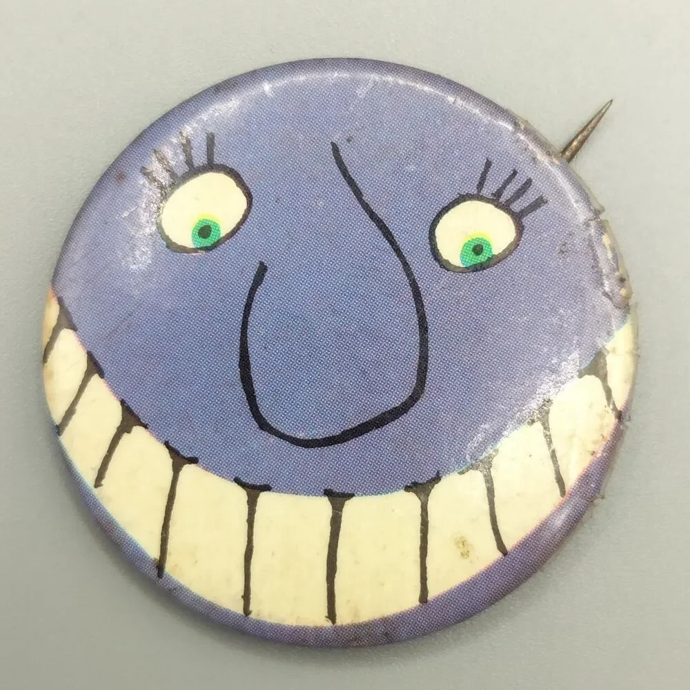 Smile Happy Face Pinback Button Round Vintage Tin Back Pin Cartoon Big Teeth